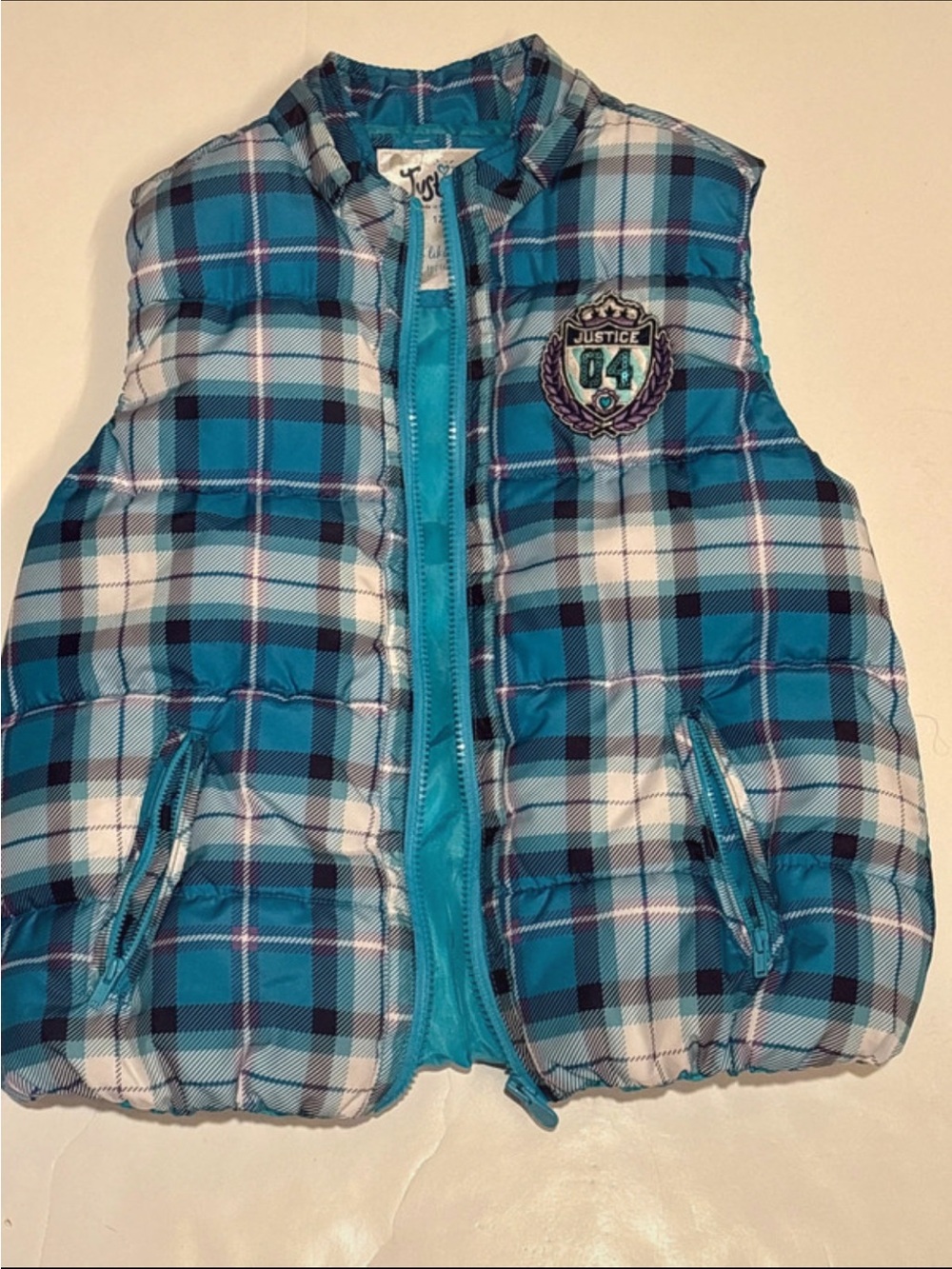 Justice Teal Plaid Puffer Vest for Kids 12 girls soft